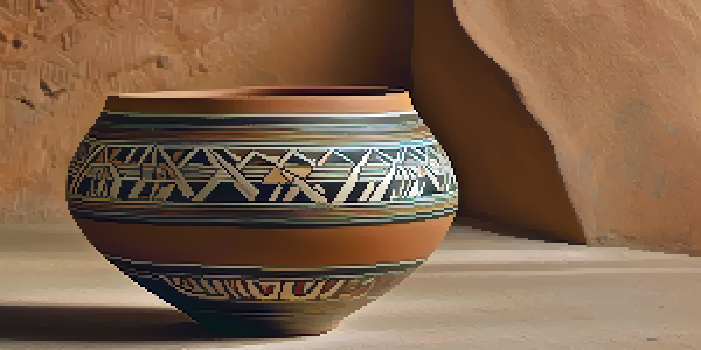 A close-up view of a colorful Hopi pottery piece with intricate designs, illuminated softly to emphasize its textures.