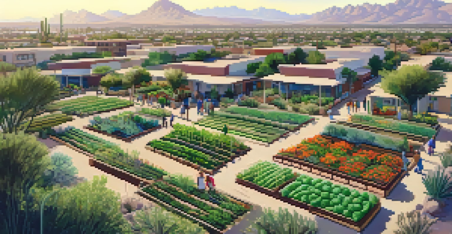 Aerial view of a community garden in Phoenix with residents gardening amidst the desert landscape, showcasing vibrant plants.