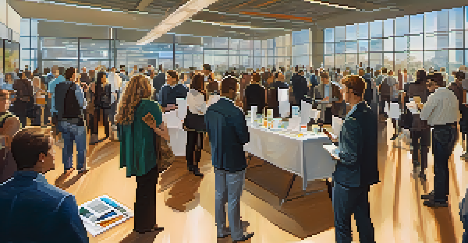 A networking event at a community college with students and professionals interacting in a vibrant setting.