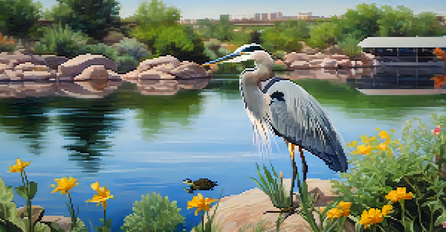 A close-up of wildlife at Tempe Town Lake, including a heron, turtle, and ducks in a natural setting.