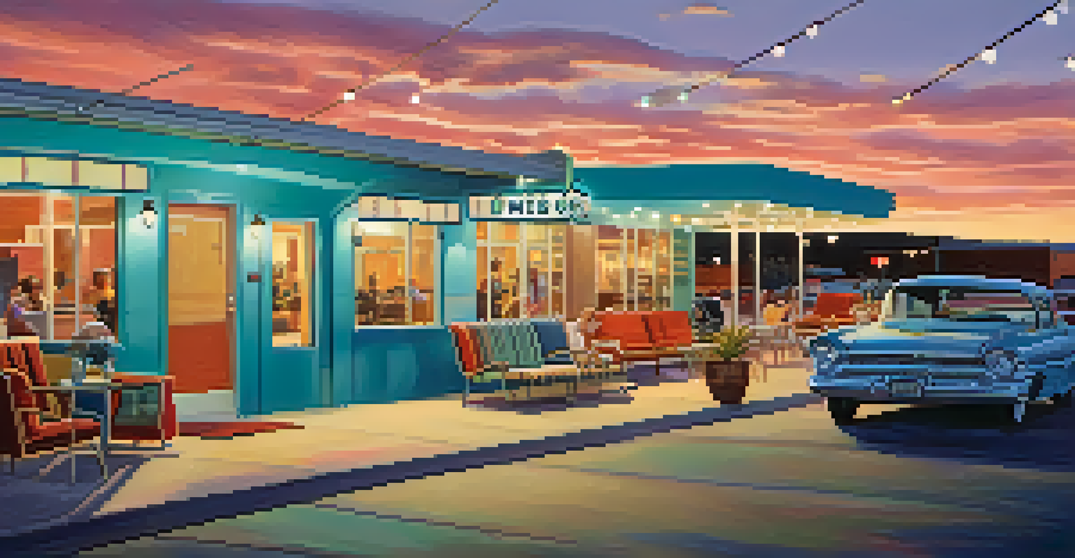 Travelers enjoying an outdoor patio at a Route 66 motel, with retro furniture, string lights, and a sunset sky in the background.