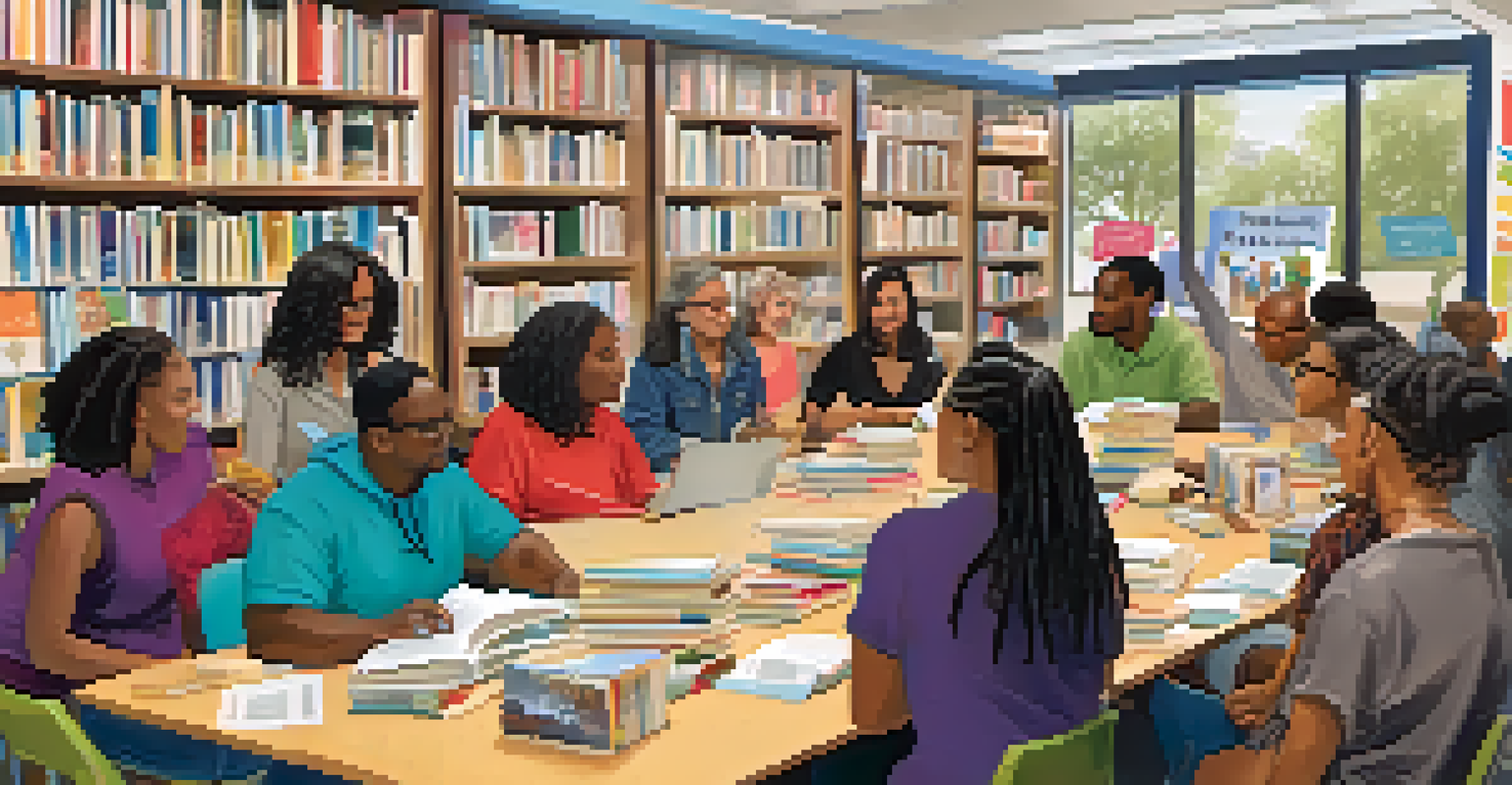A diverse group of people engaged in a book discussion at a community event in the library, surrounded by books and decorations.
