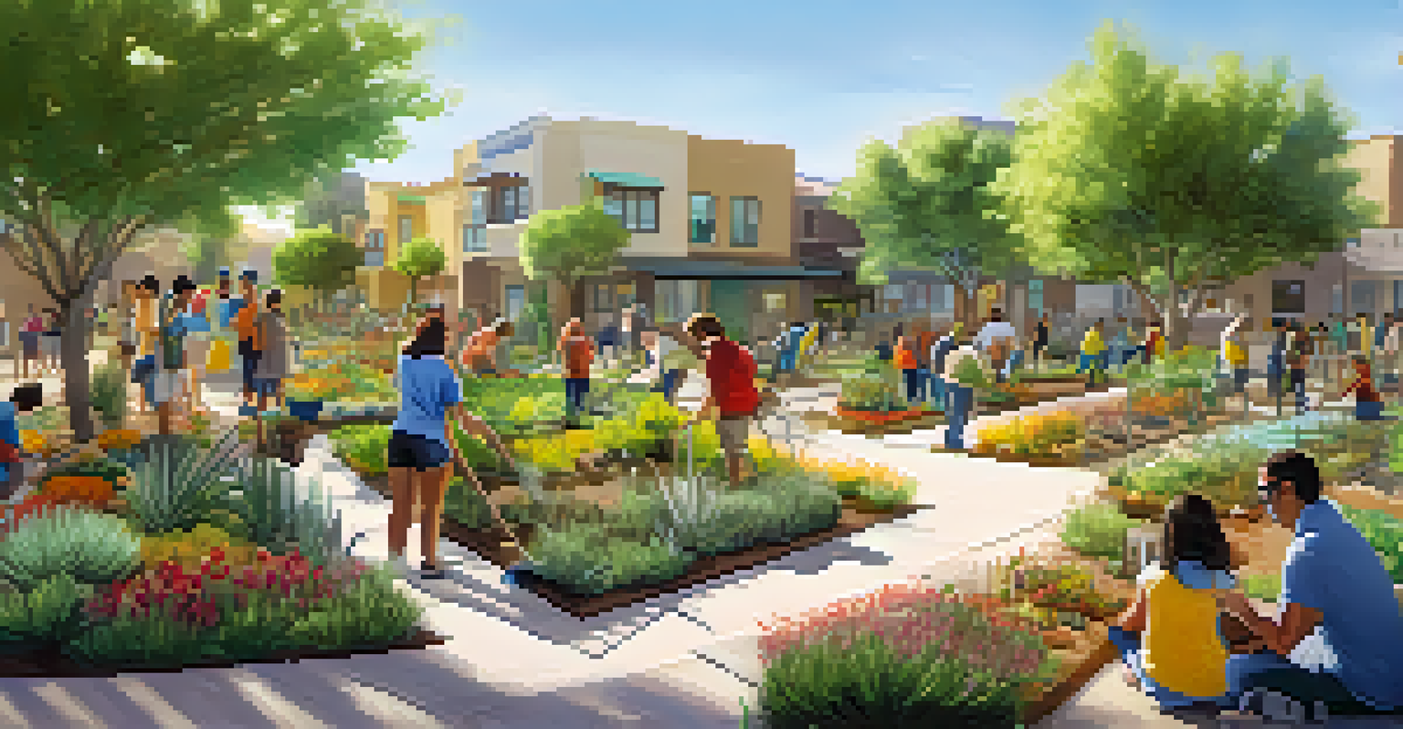 Residents engaged in a community garden activity in Phoenix, surrounded by sustainable homes.