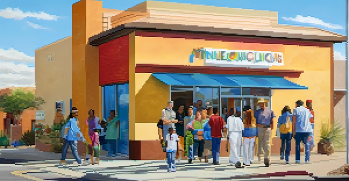 A community clinic in Phoenix with colorful murals and diverse individuals entering and leaving under a sunny sky.