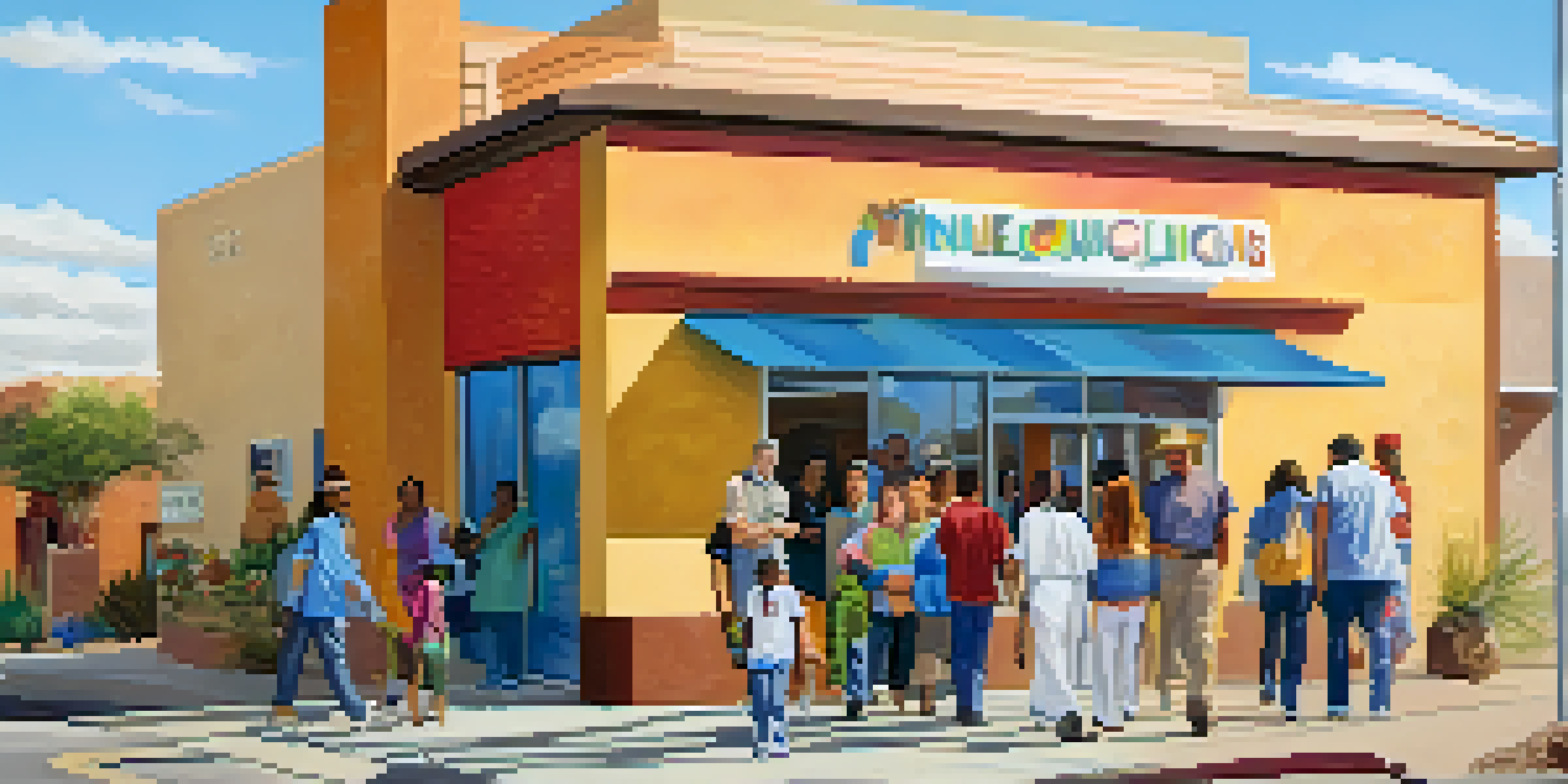A community clinic in Phoenix with colorful murals and diverse individuals entering and leaving under a sunny sky.