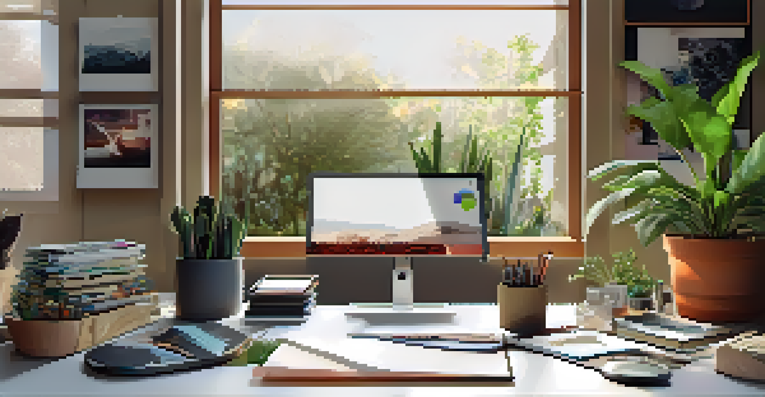 A designer's workspace in Phoenix showcasing sketches, digital tools, and eco-friendly materials, filled with natural light.
