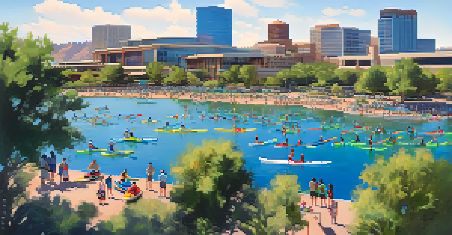 An aerial view of Tempe Town Lake filled with people enjoying various water sports.
