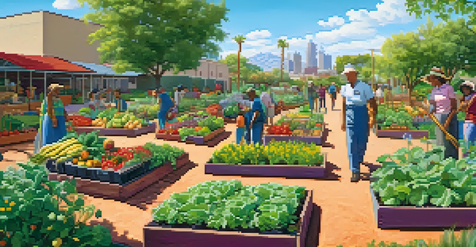 A community garden in Phoenix with diverse plants and flowers, featuring people gardening under the sun with urban buildings in the background.