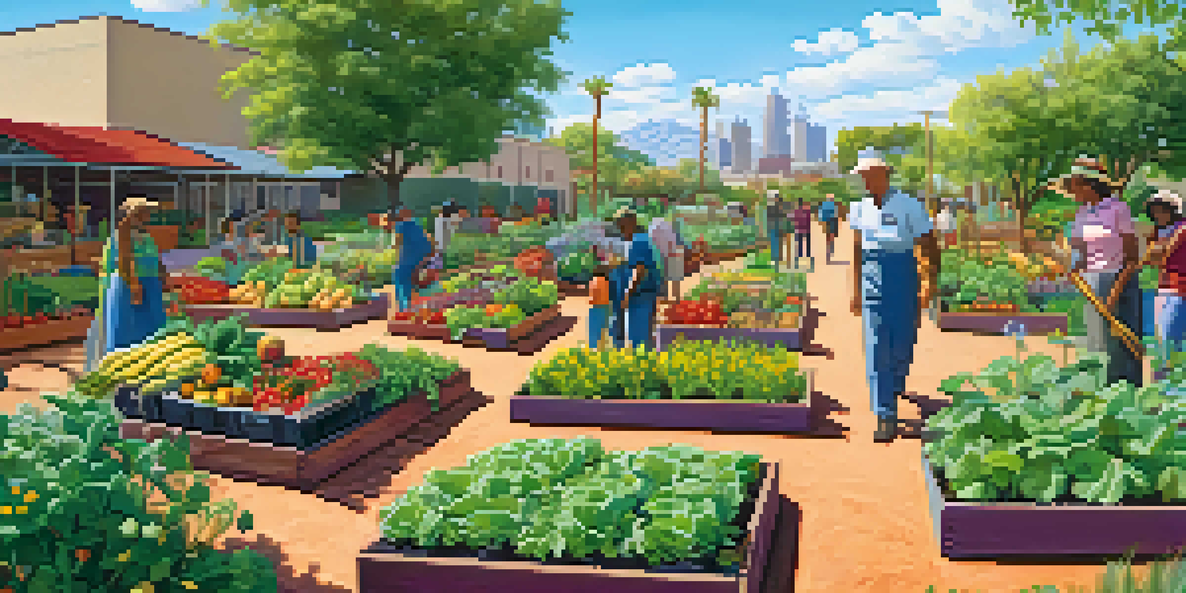 A community garden in Phoenix with diverse plants and flowers, featuring people gardening under the sun with urban buildings in the background.