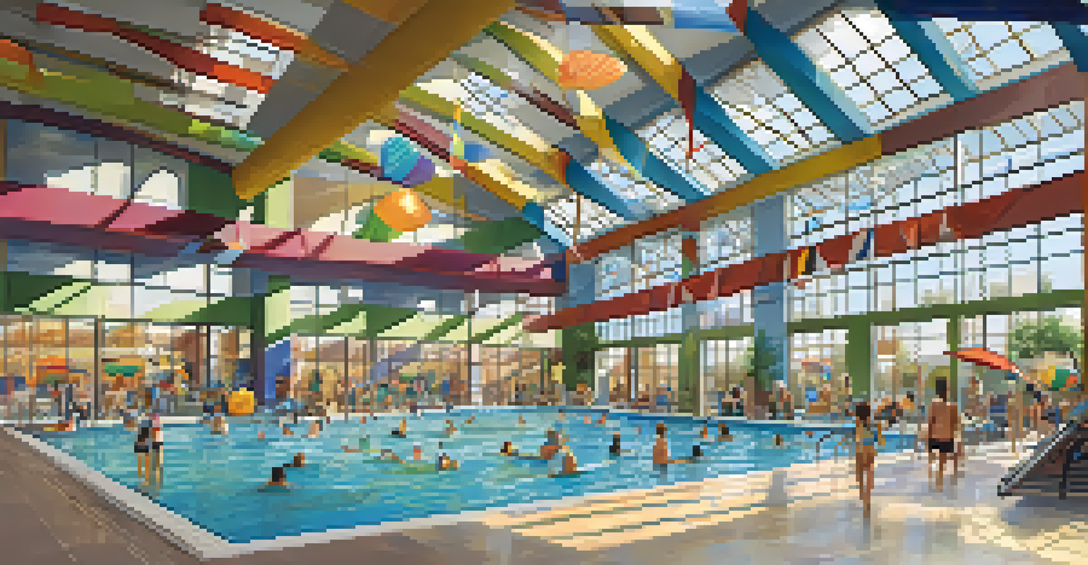 An indoor pool area with swimmers participating in different activities, including lap swimming and water aerobics, surrounded by colorful murals.