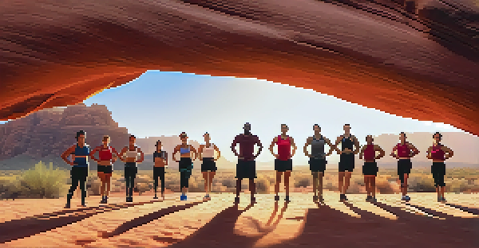 A group of diverse individuals participating in an outdoor HIIT class in the Phoenix desert, performing exercises with red rock formations in the background.