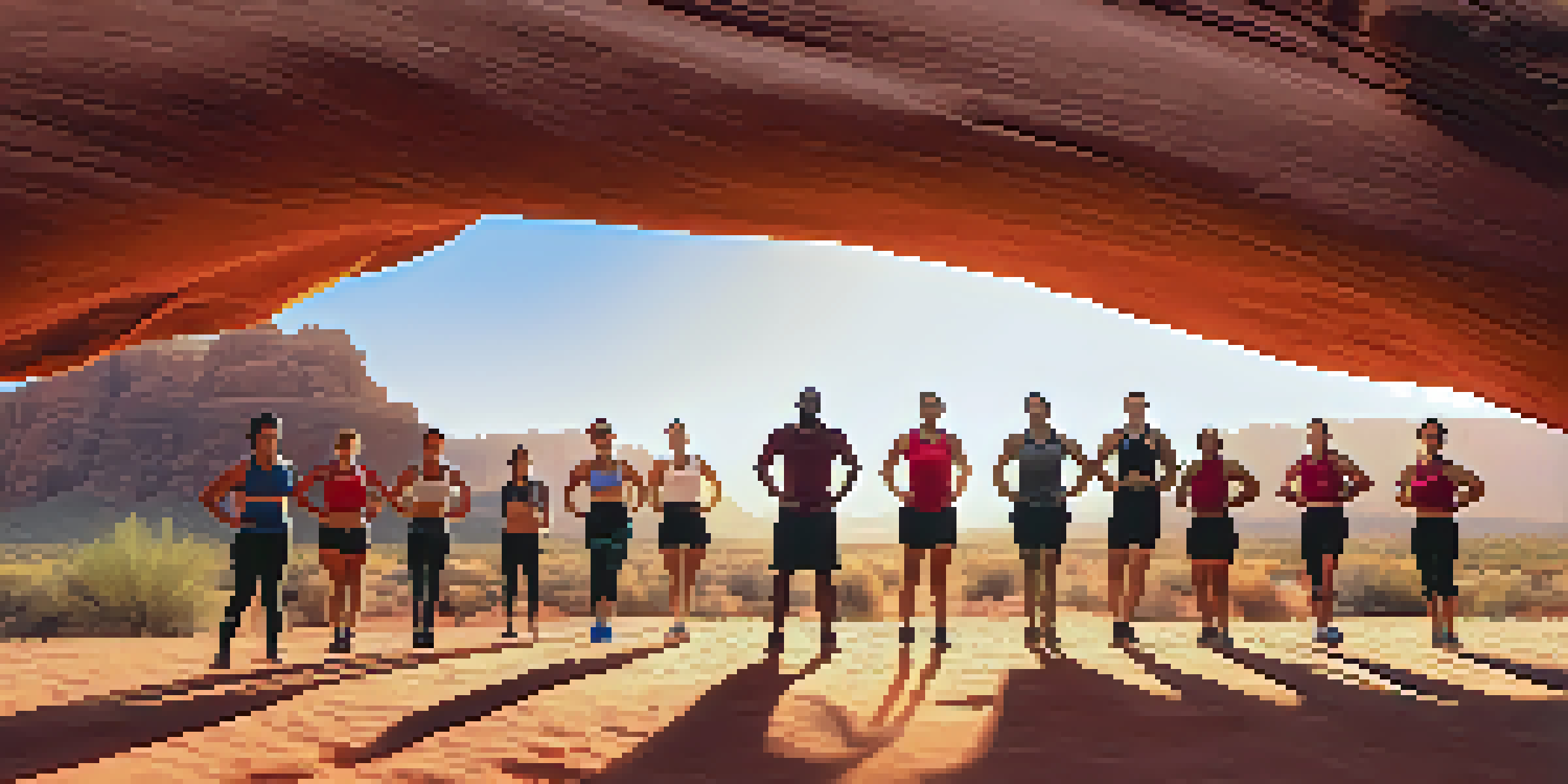 A group of diverse individuals participating in an outdoor HIIT class in the Phoenix desert, performing exercises with red rock formations in the background.