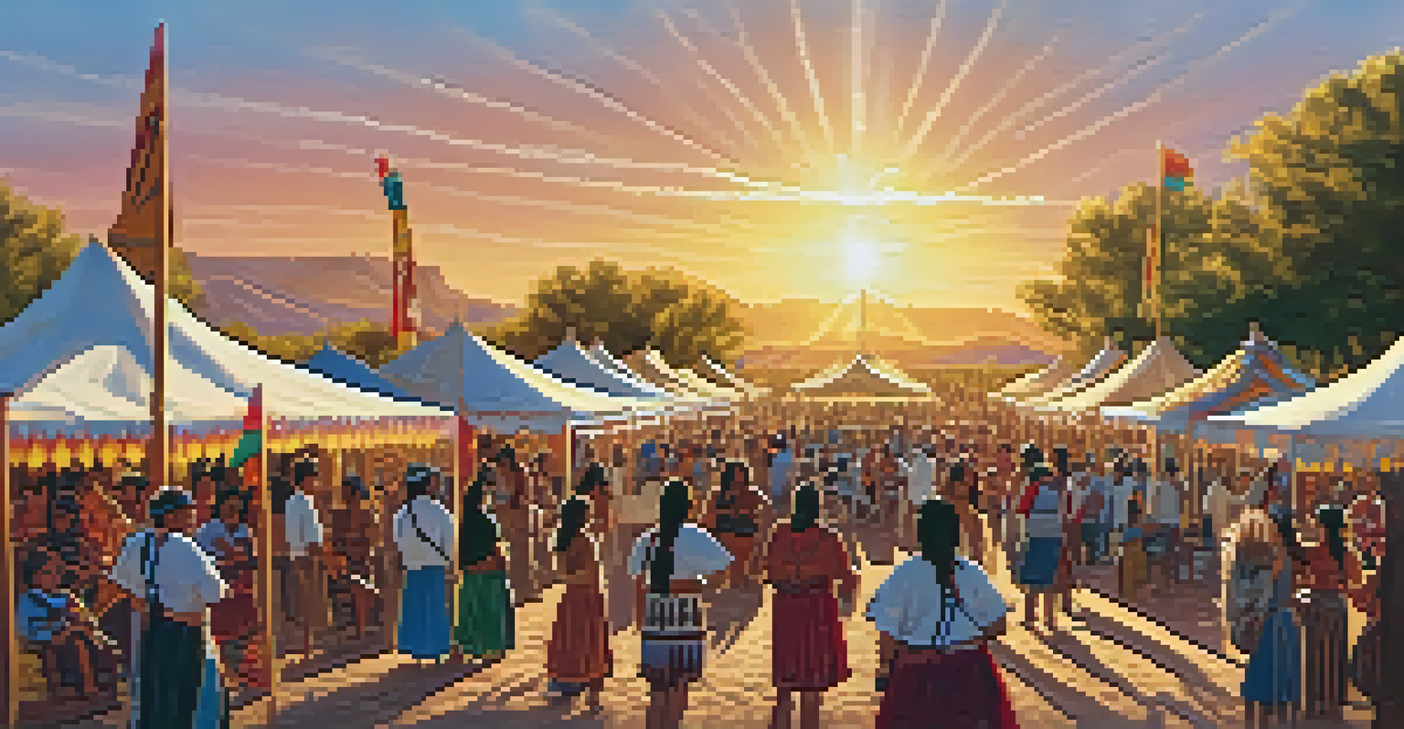 A lively outdoor festival in Phoenix featuring traditional dances, storytelling, and colorful stalls displaying Native American art and crafts.