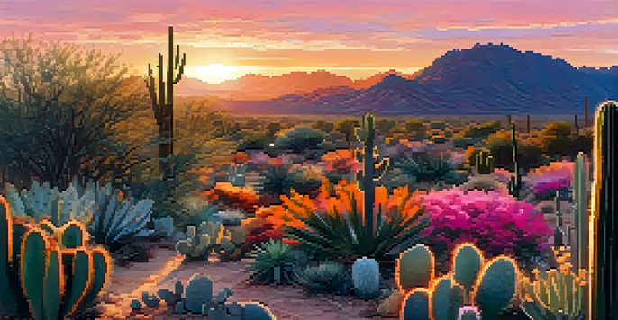 A beautiful sunset view of the Desert Botanical Garden with various desert plants silhouetted against a colorful sky.