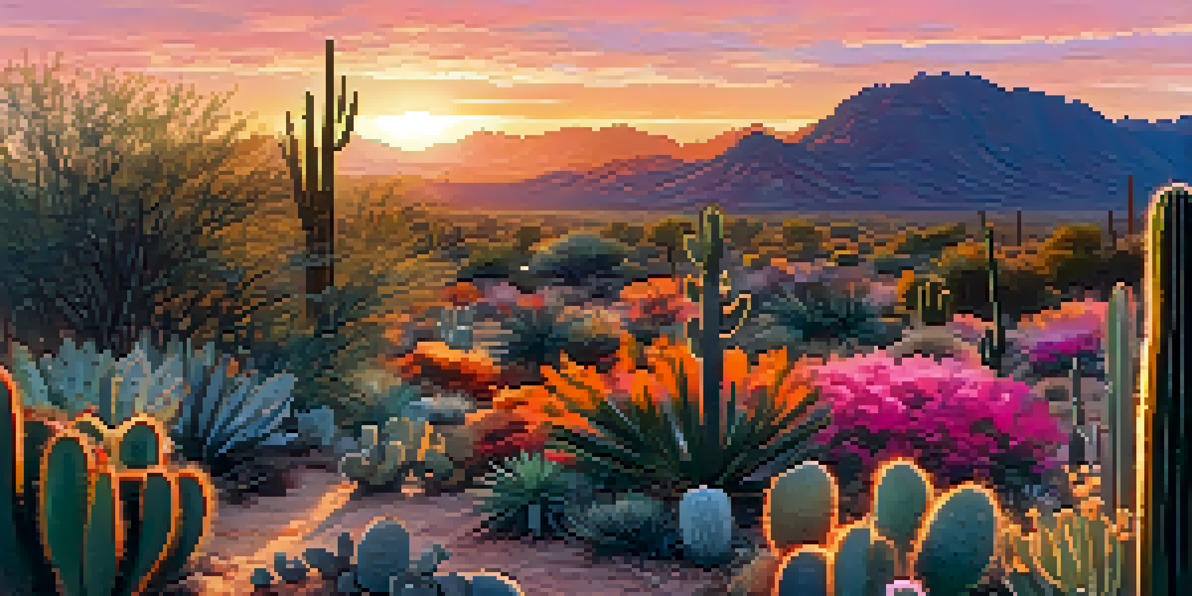 A beautiful sunset view of the Desert Botanical Garden with various desert plants silhouetted against a colorful sky.
