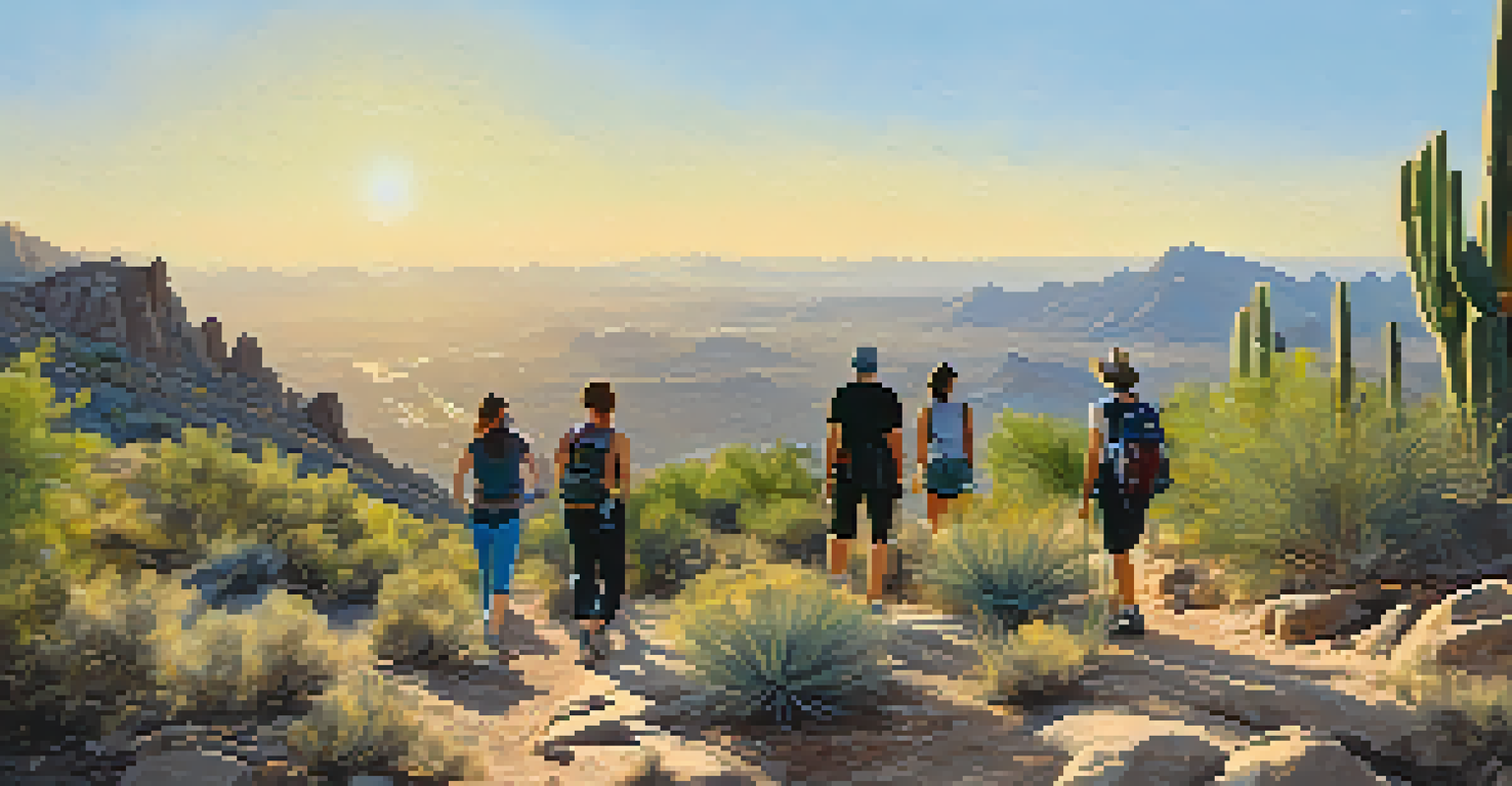 A tranquil summer morning on Piestewa Peak, featuring hikers along a sunlit trail surrounded by cacti and a blue sky.