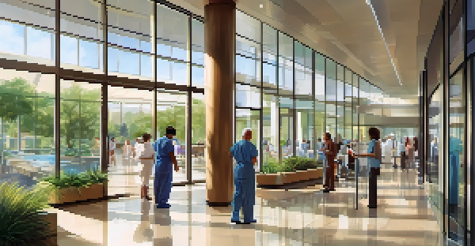 A modern healthcare facility lobby in Phoenix with patients and staff interacting, bright colors, and large windows.