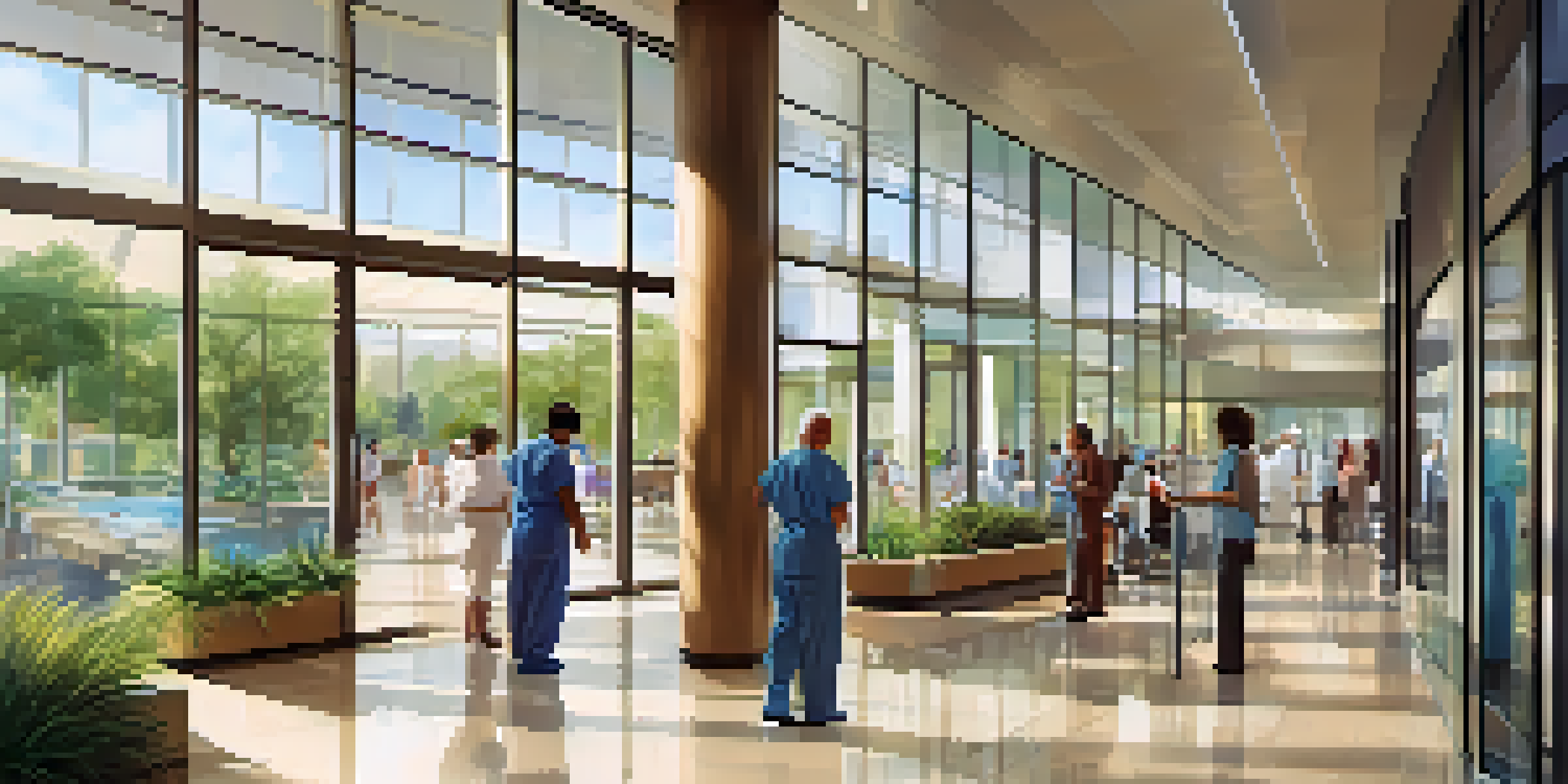 A modern healthcare facility lobby in Phoenix with patients and staff interacting, bright colors, and large windows.