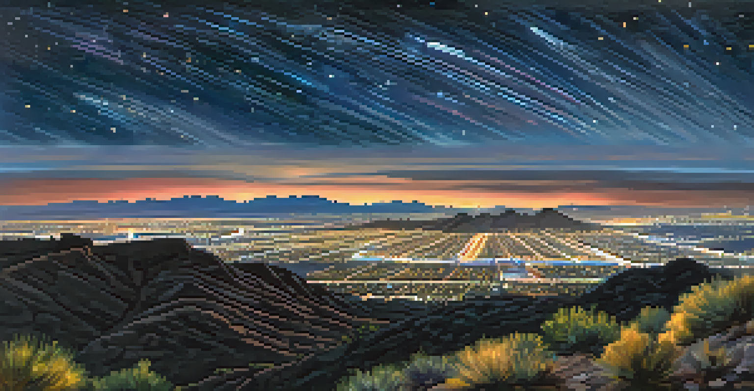 A panoramic view of Phoenix at night with a starry sky and shooting stars from South Mountain Park.