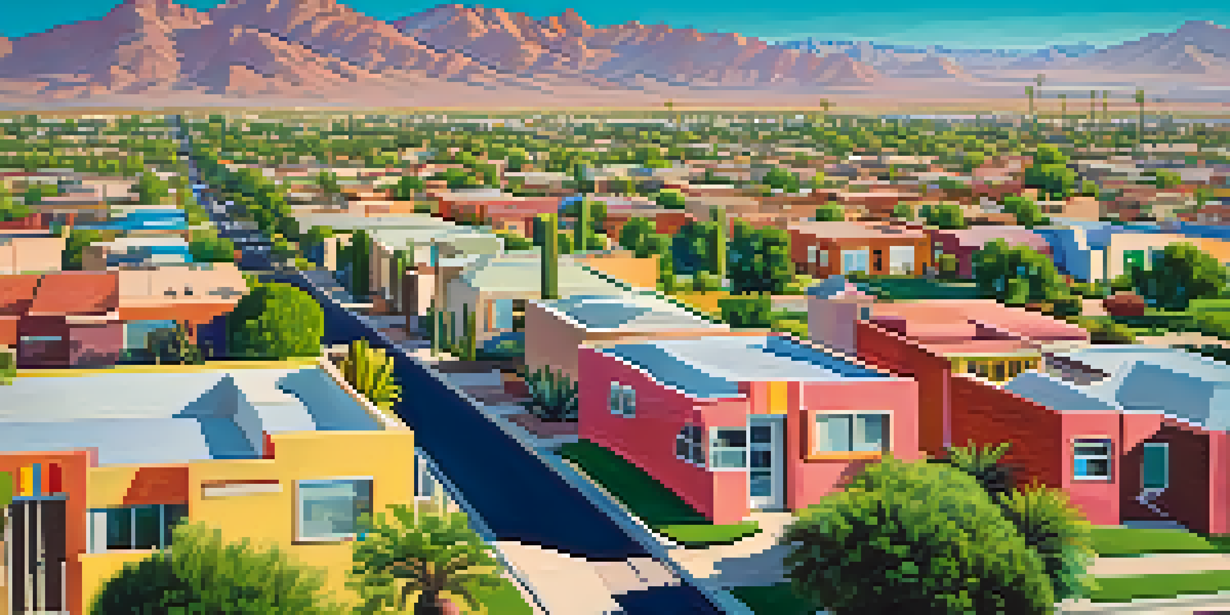 Aerial view of 1950s Phoenix showing suburban homes and desert mountains.