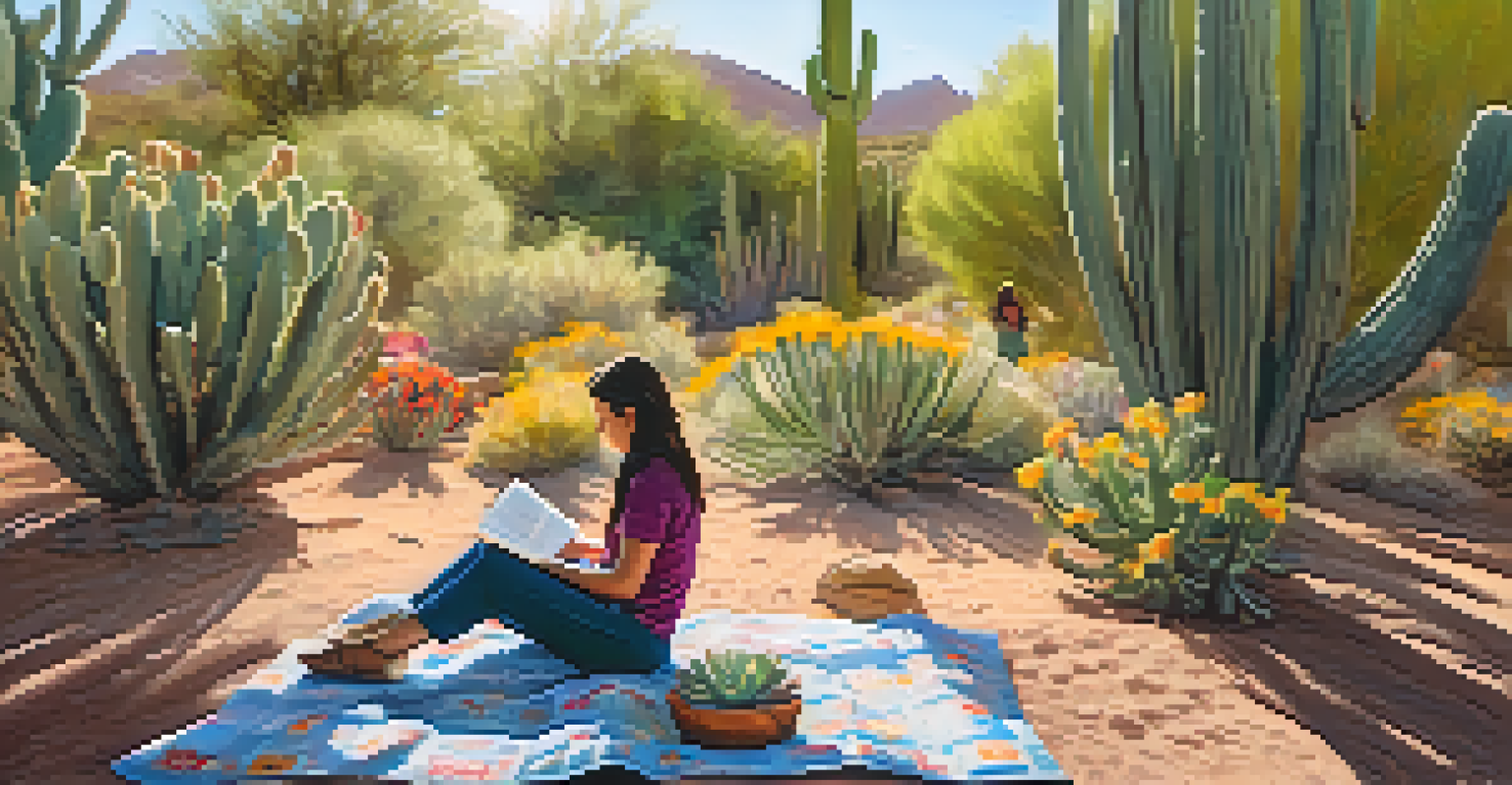 A peaceful outdoor reading scene at the Desert Botanical Garden, with a person on a blanket surrounded by cacti and wildflowers.