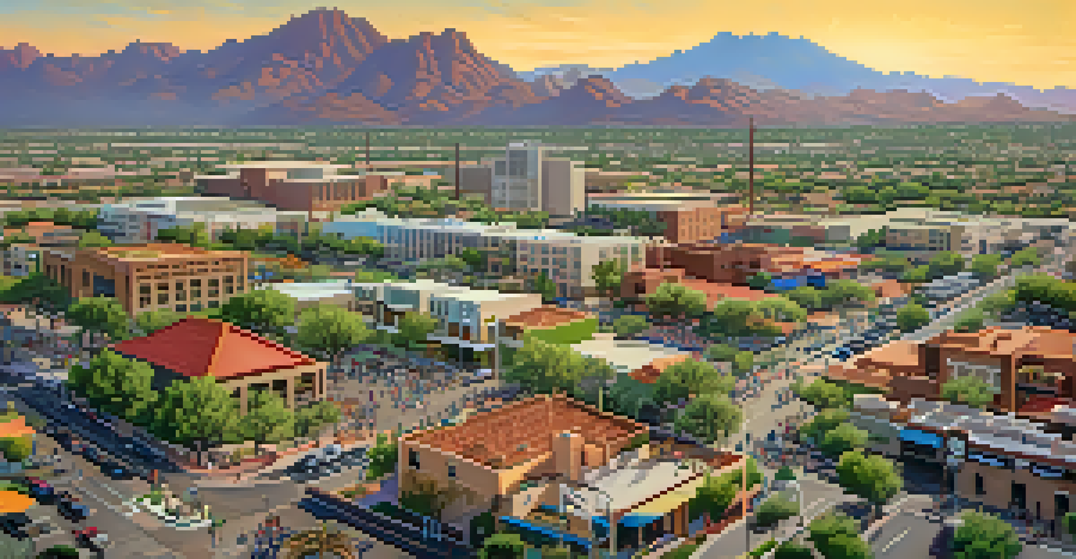 An aerial view of a busy real estate market in Phoenix with homebuyers and agents interacting.