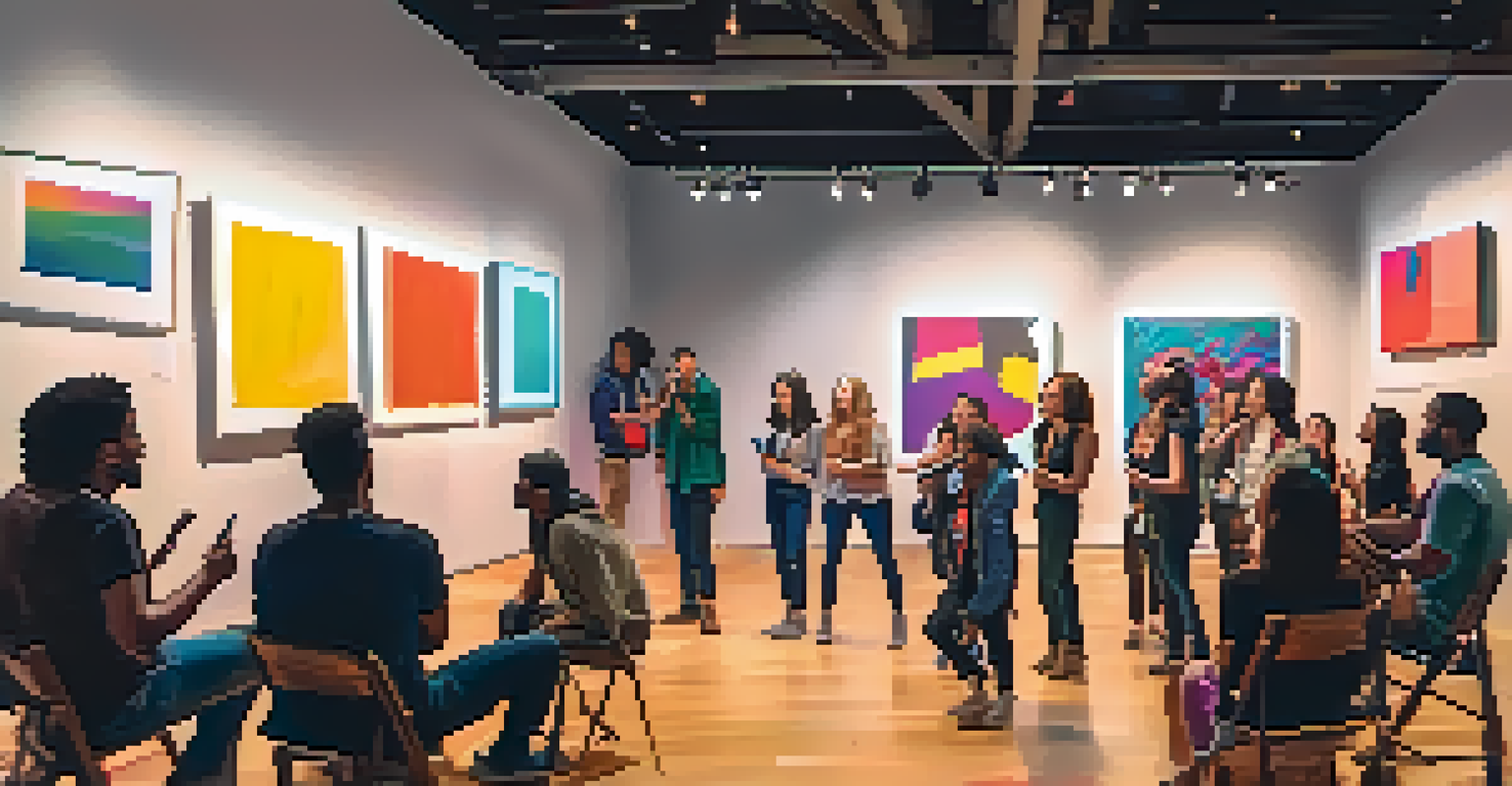 A poetry slam event in an art gallery with diverse poets performing and an engaged audience capturing the moment.