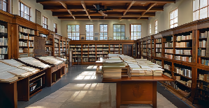 A bright and inviting local archive in Phoenix, featuring shelves filled with historic documents and artifacts, a central table with maps and research materials, and soft natural light coming through the windows.