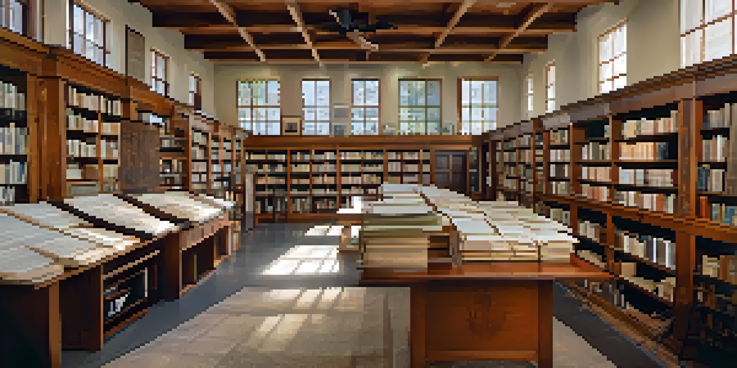 A bright and inviting local archive in Phoenix, featuring shelves filled with historic documents and artifacts, a central table with maps and research materials, and soft natural light coming through the windows.