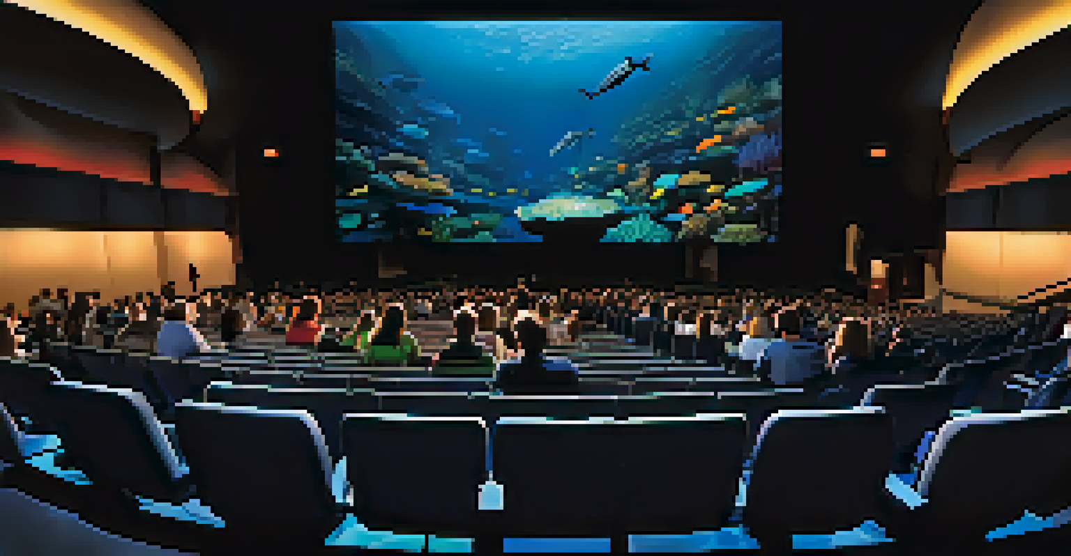 Families in the IMAX theater at the Arizona Science Center, excitedly watching a marine life documentary on the large screen.