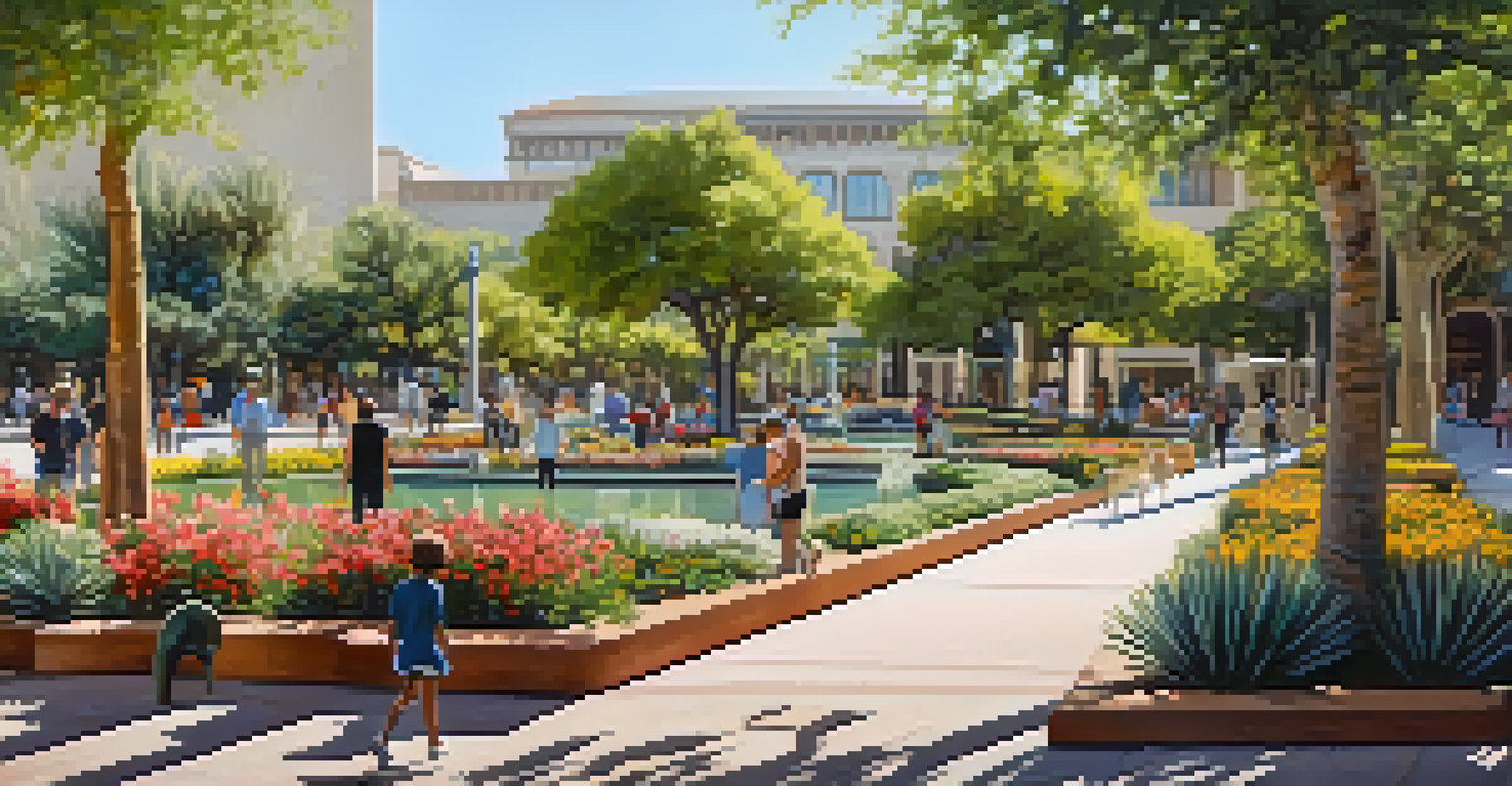 Visitors enjoying the Phoenix Civic Plaza with gardens and art installations under soft afternoon light.