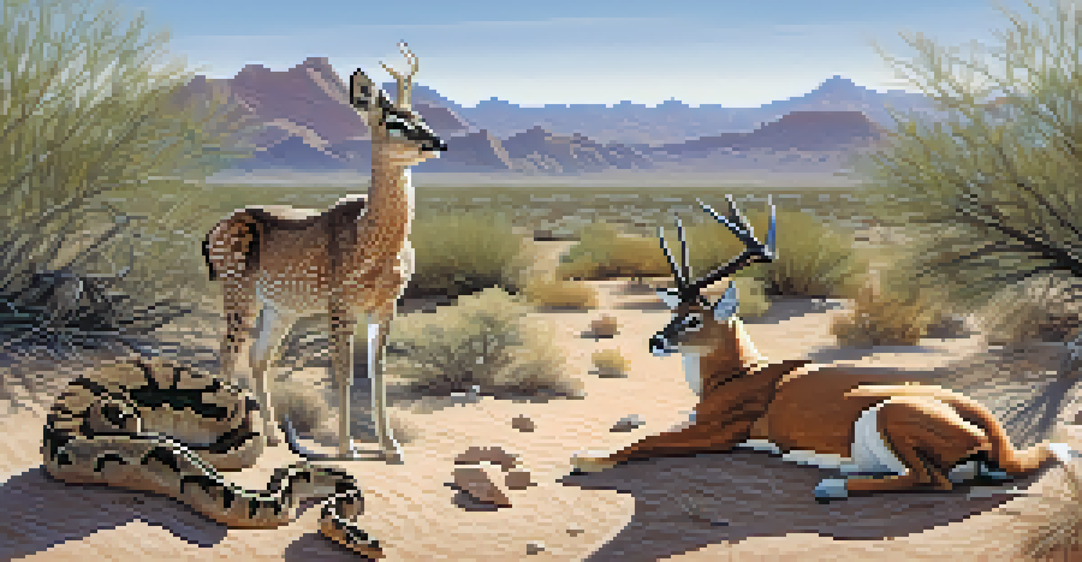 An illustration of wildlife in the Phoenix desert, featuring a rattlesnake, deer, and hawk in their natural habitats.