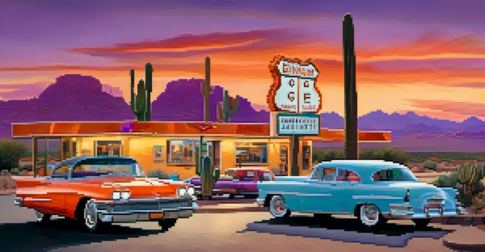 A picturesque sunset view of Route 66 in Arizona, with vintage cars and roadside diners against a colorful sky.
