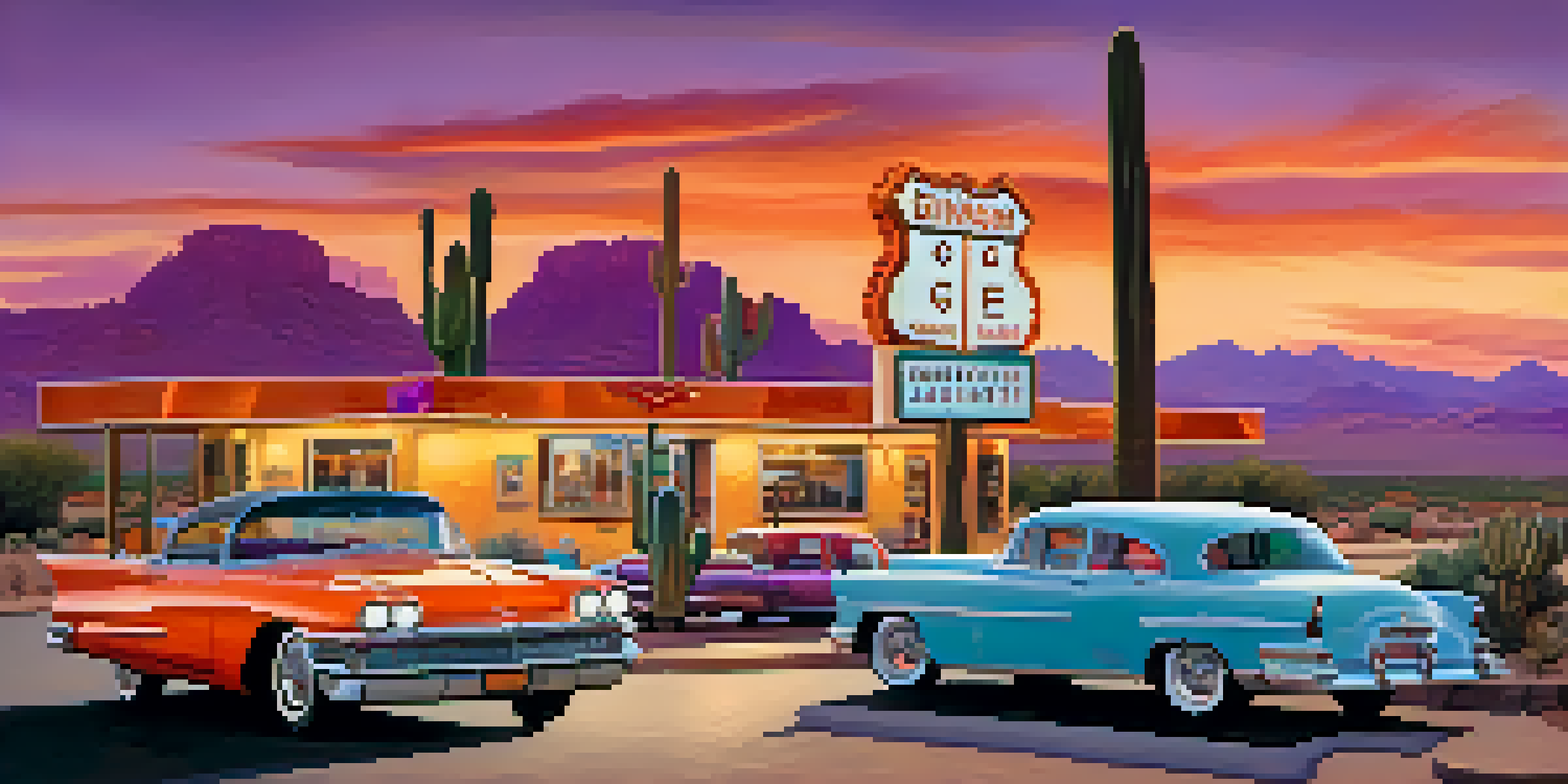 A picturesque sunset view of Route 66 in Arizona, with vintage cars and roadside diners against a colorful sky.
