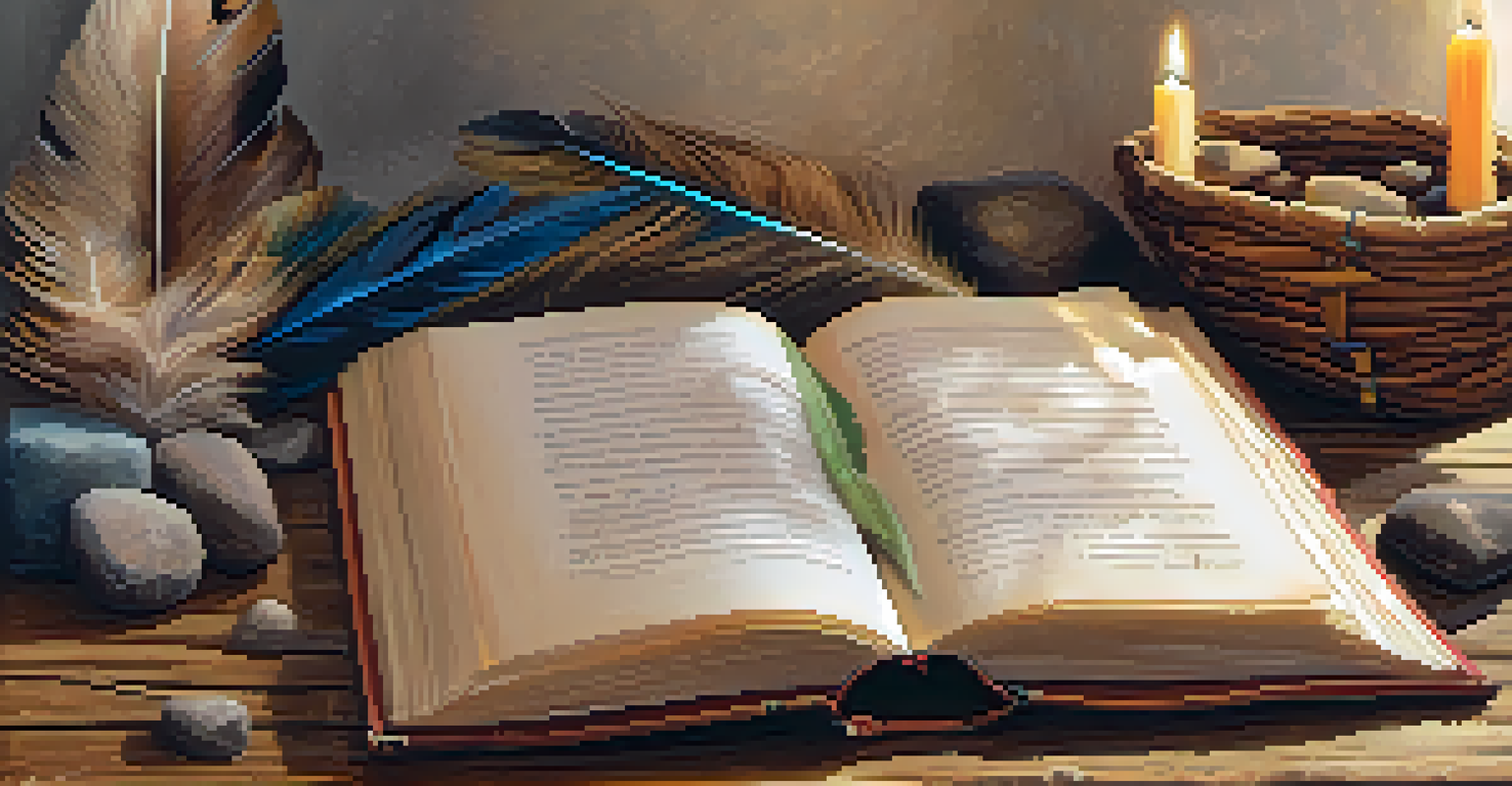 An open book of Native American poetry on a wooden table with feathers and stones around it.