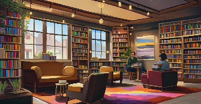 An inviting independent bookstore with wooden shelves filled with books, cozy reading areas, and a café serving coffee.