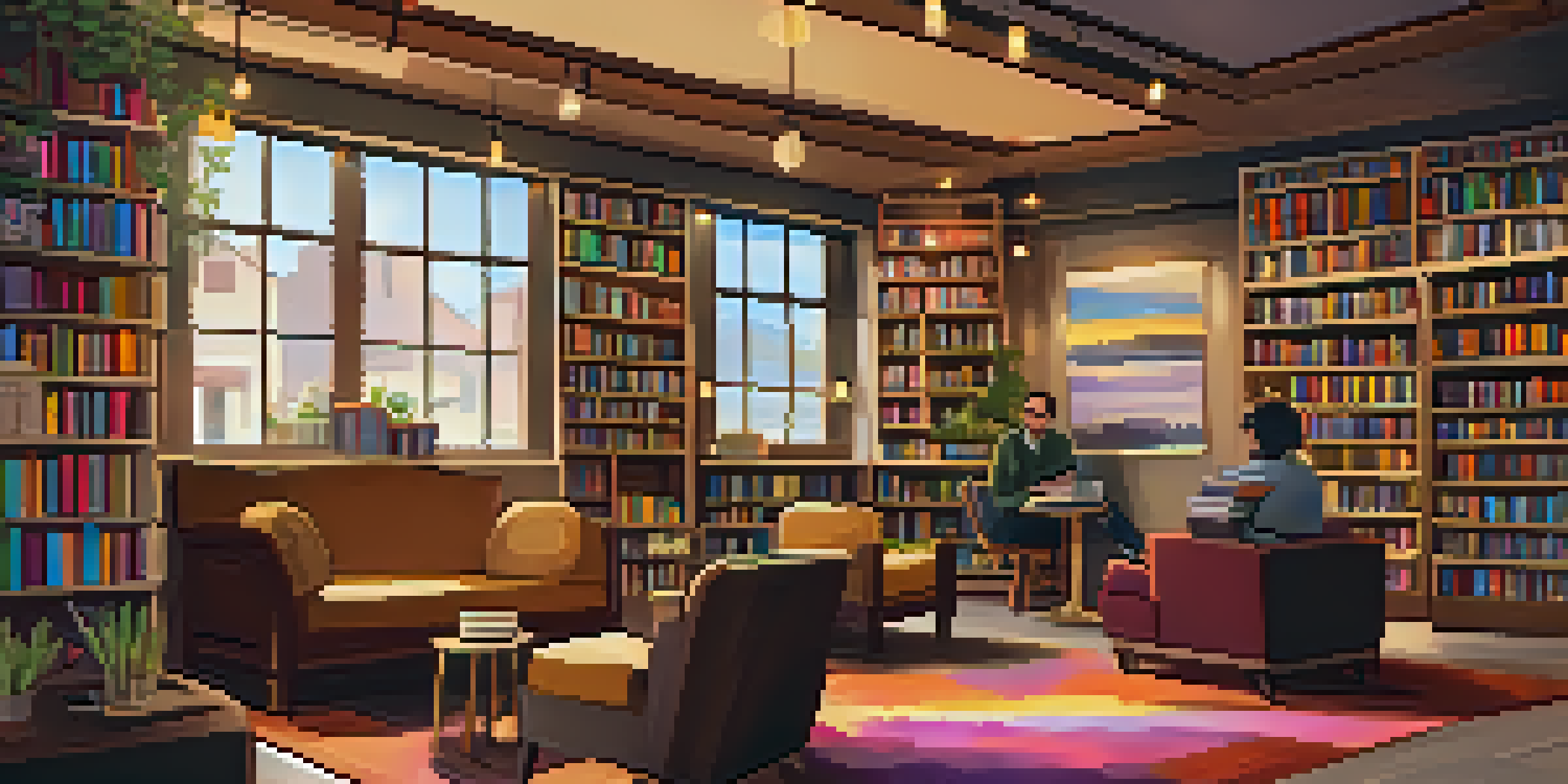 An inviting independent bookstore with wooden shelves filled with books, cozy reading areas, and a café serving coffee.