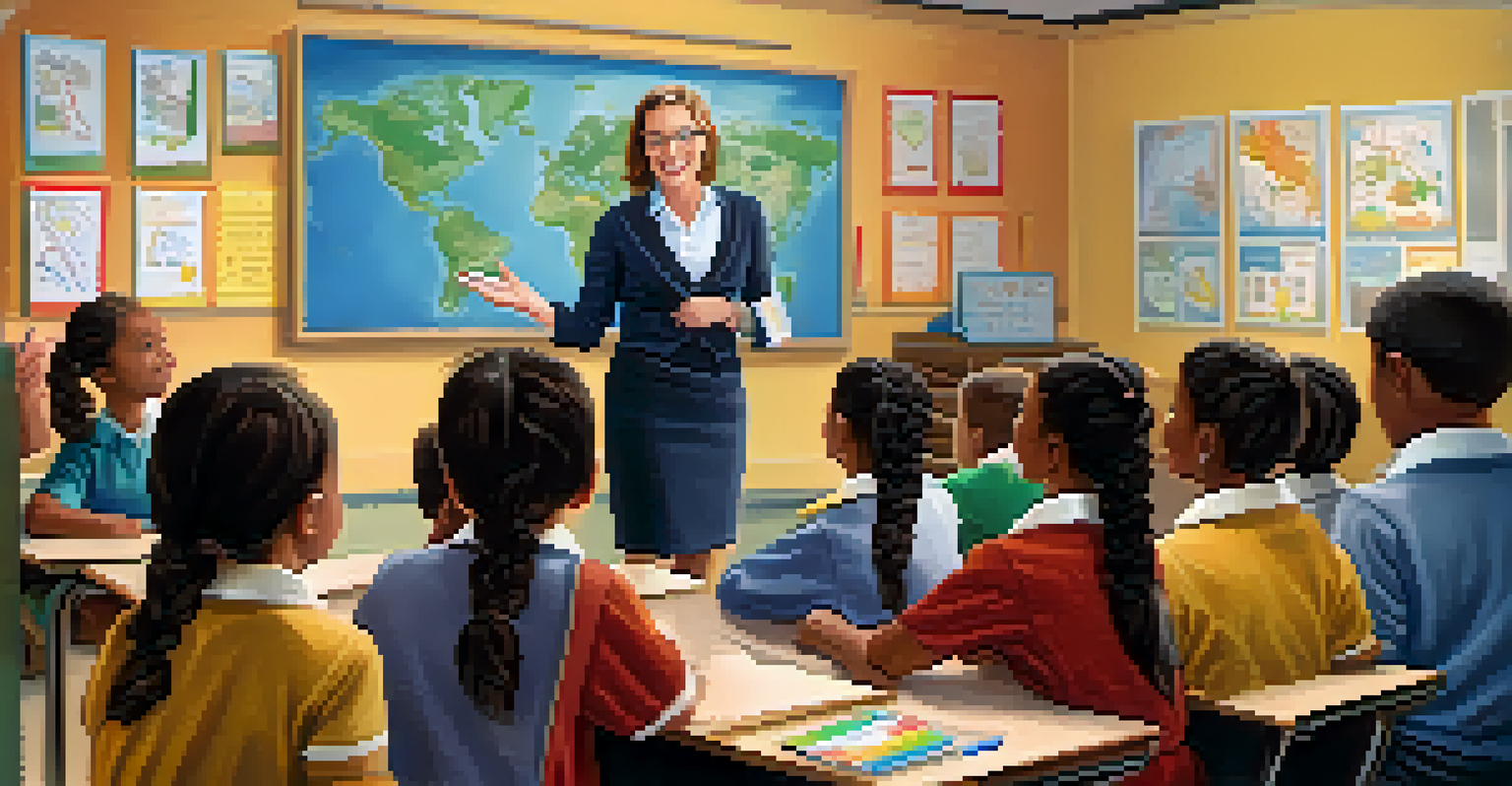 A dedicated teacher explaining a lesson to students in a classroom, surrounded by educational materials and a chalkboard.