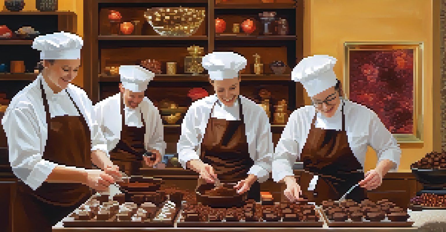 A chocolate-making workshop with participants creating truffles, surrounded by various chocolate molds and colorful toppings in an elegant setting.