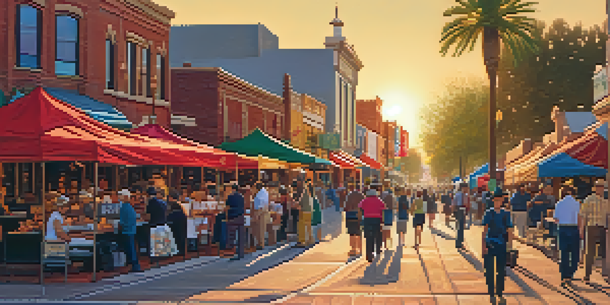 A bustling festival at Heritage Square in Phoenix, with colorful historic buildings and community members enjoying food and performances under festive banners in warm sunset light.