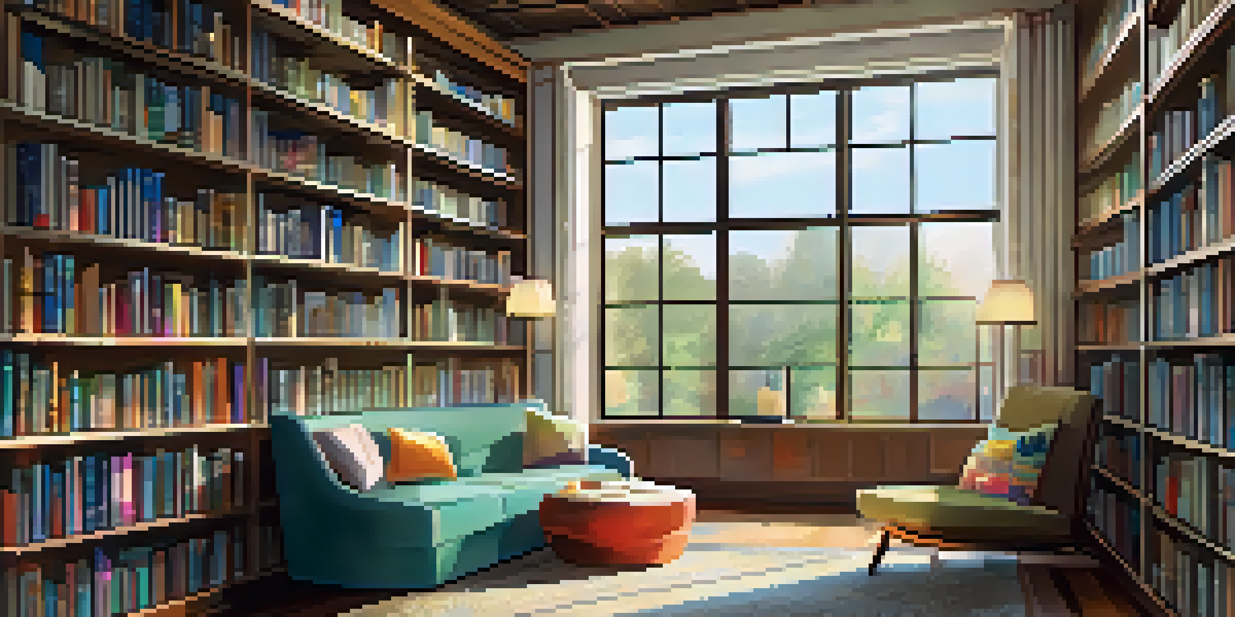 A cozy reading nook in a library with sunlight, comfortable seating, and bookshelves.