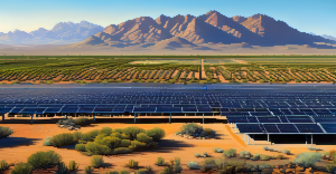 A sunny landscape featuring rows of solar panels in a desert setting, with mountains in the background and colorful desert plants in the foreground.