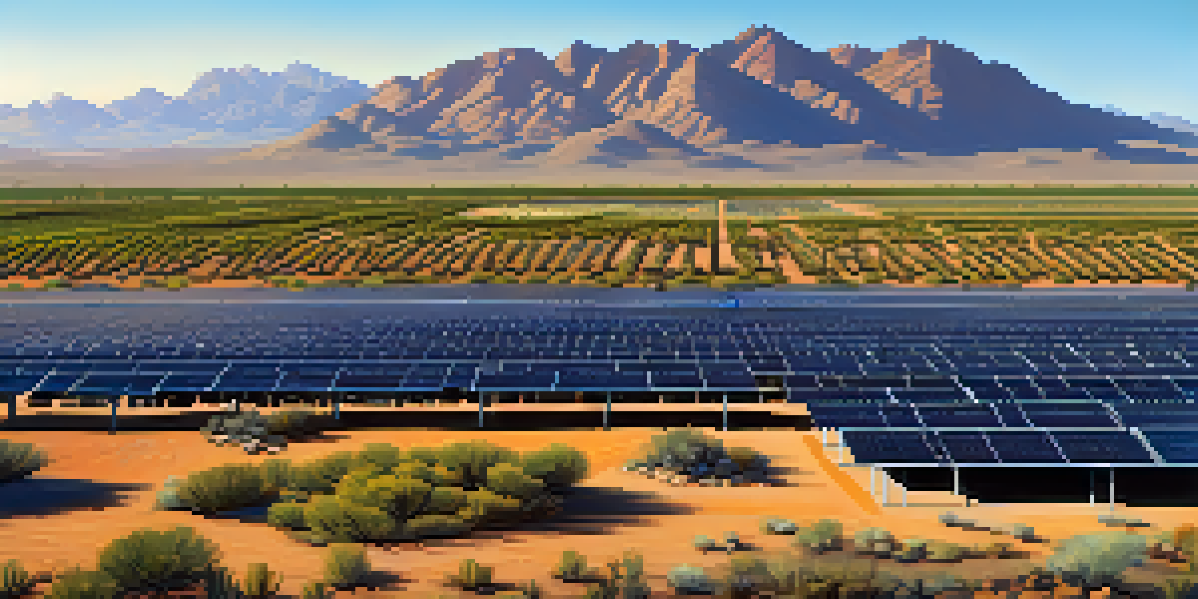 A sunny landscape featuring rows of solar panels in a desert setting, with mountains in the background and colorful desert plants in the foreground.