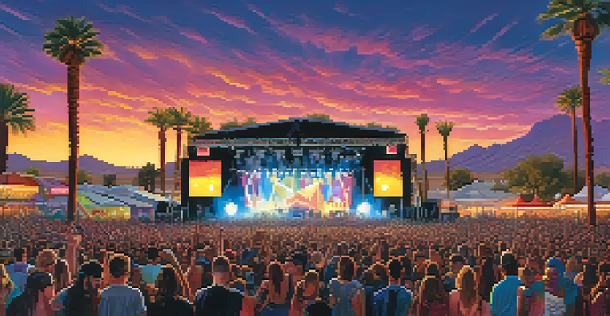 A lively outdoor music festival in Phoenix with bands performing and a joyful crowd.