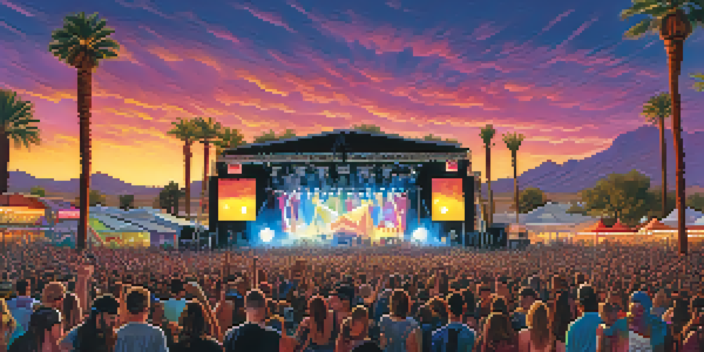 A lively outdoor music festival in Phoenix with bands performing and a joyful crowd.