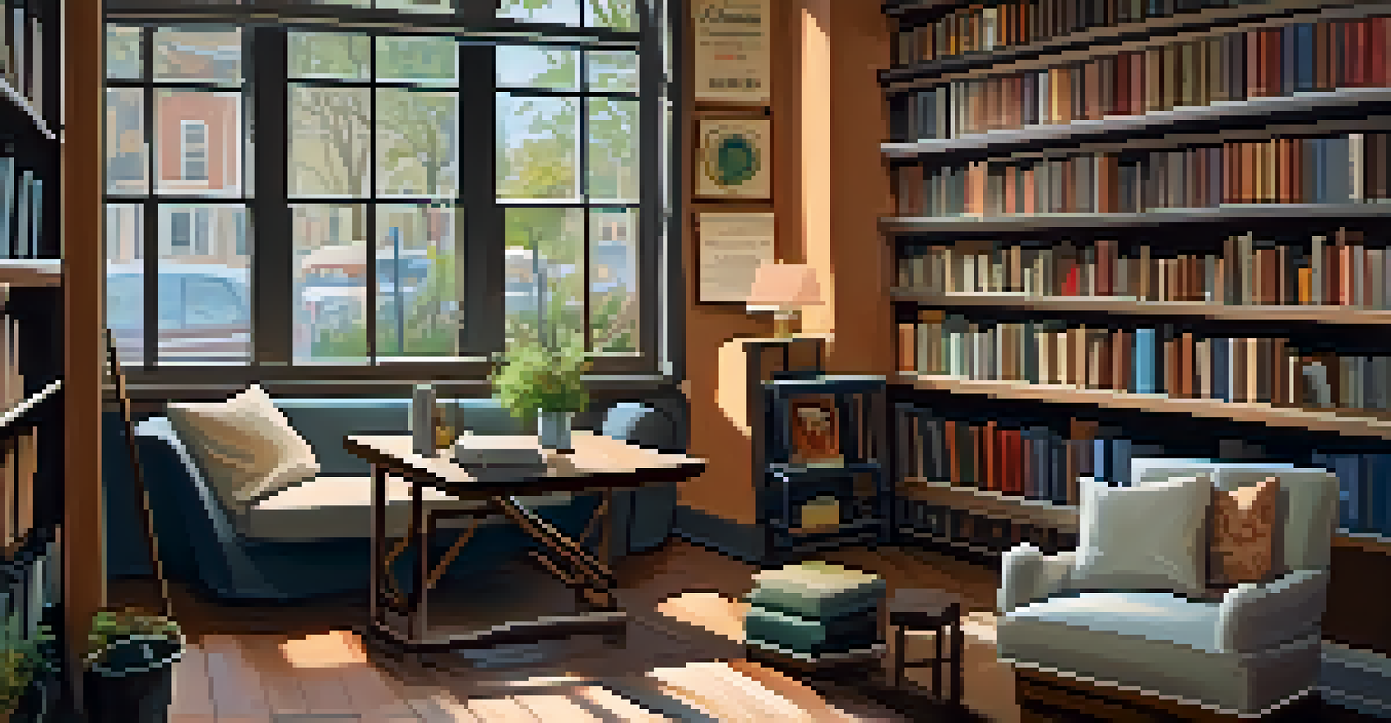 A cozy reading nook in a bookstore with cushions, a small bookshelf, and a cup of coffee, surrounded by local artwork on the walls.