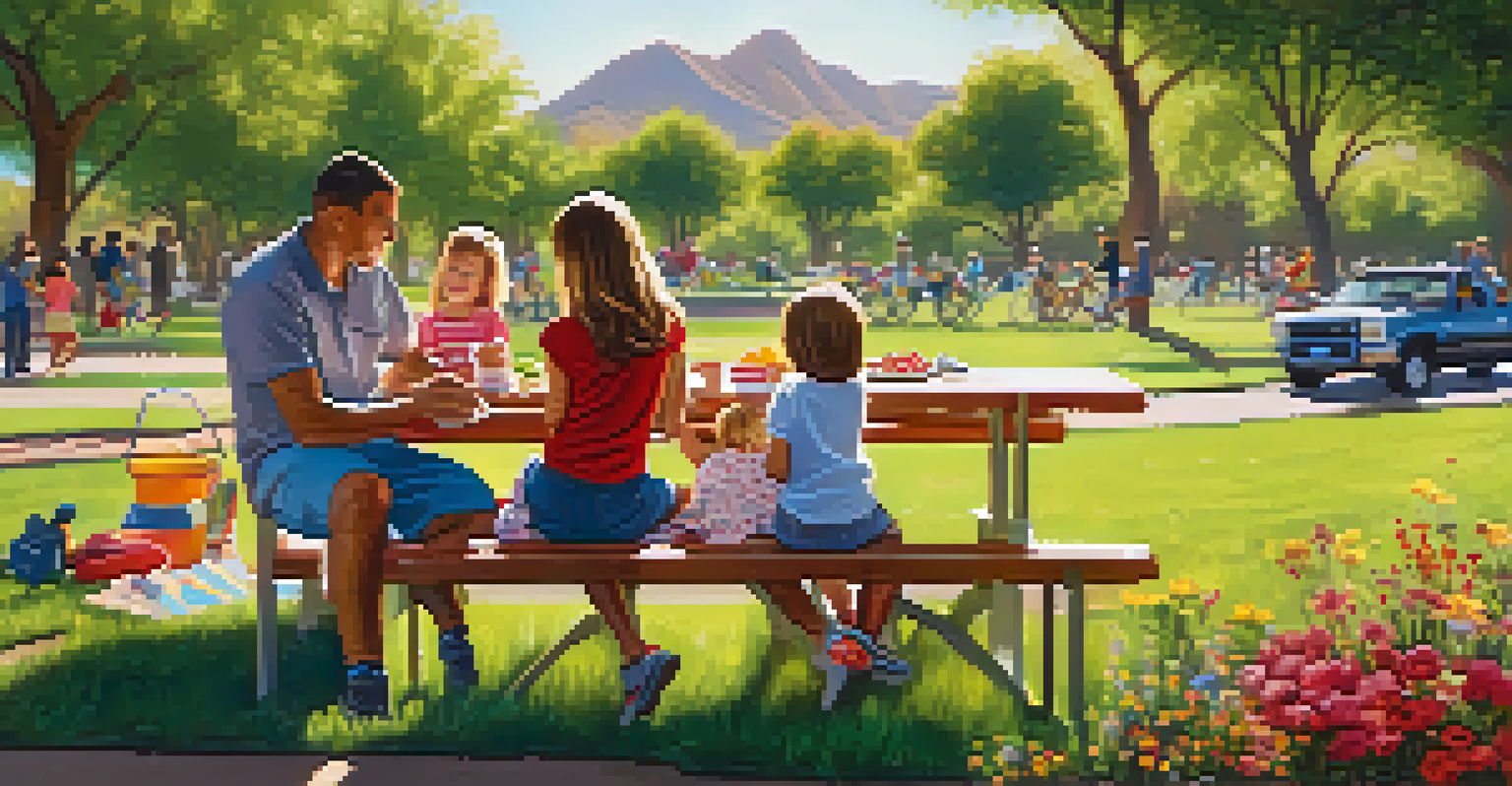 A family having a picnic in a sunny park with flowers and children playing nearby.