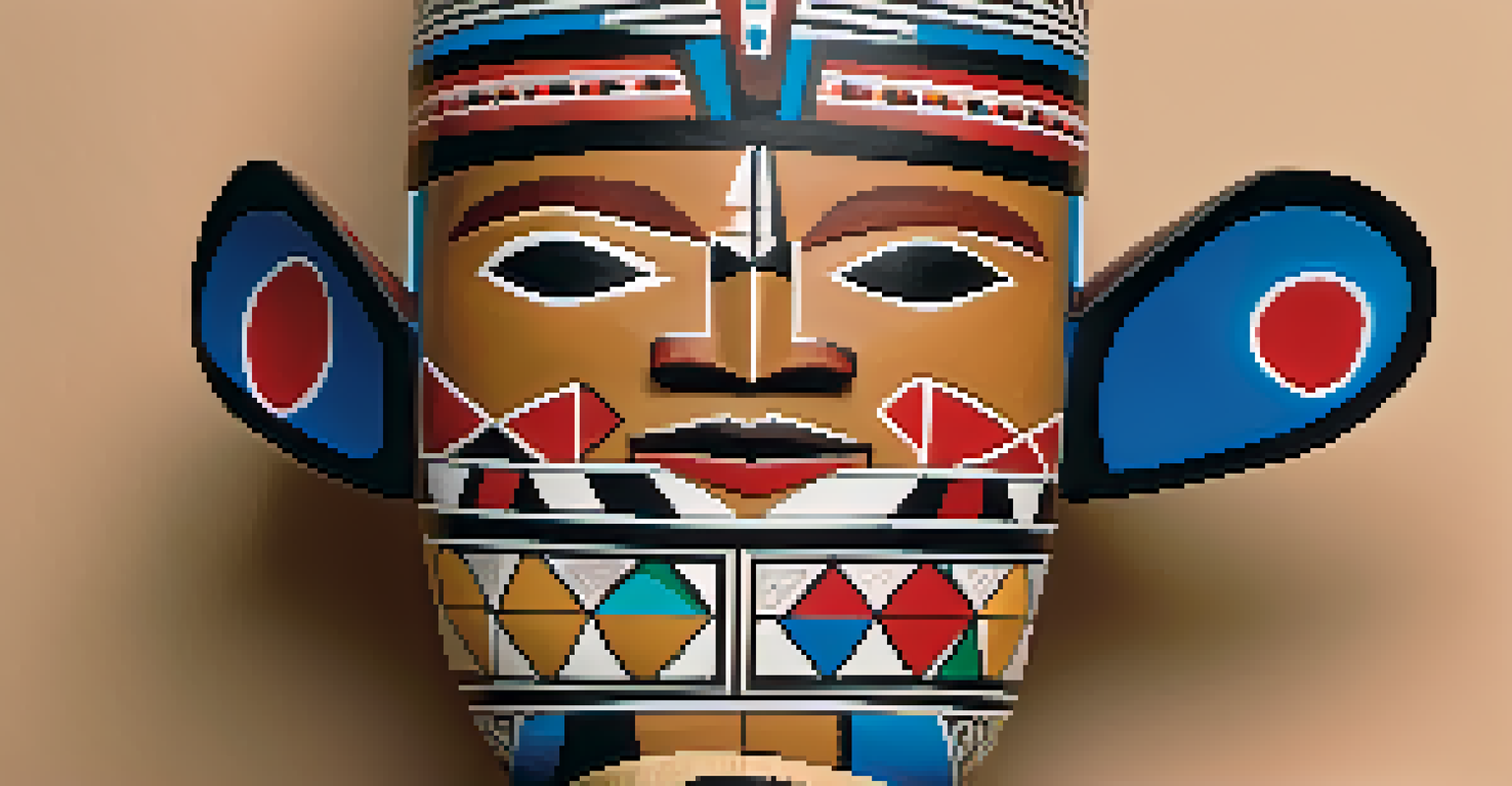A detailed close-up of a Hopi Katsina doll, showcasing its intricate carvings and vibrant colors, placed on a wooden table.