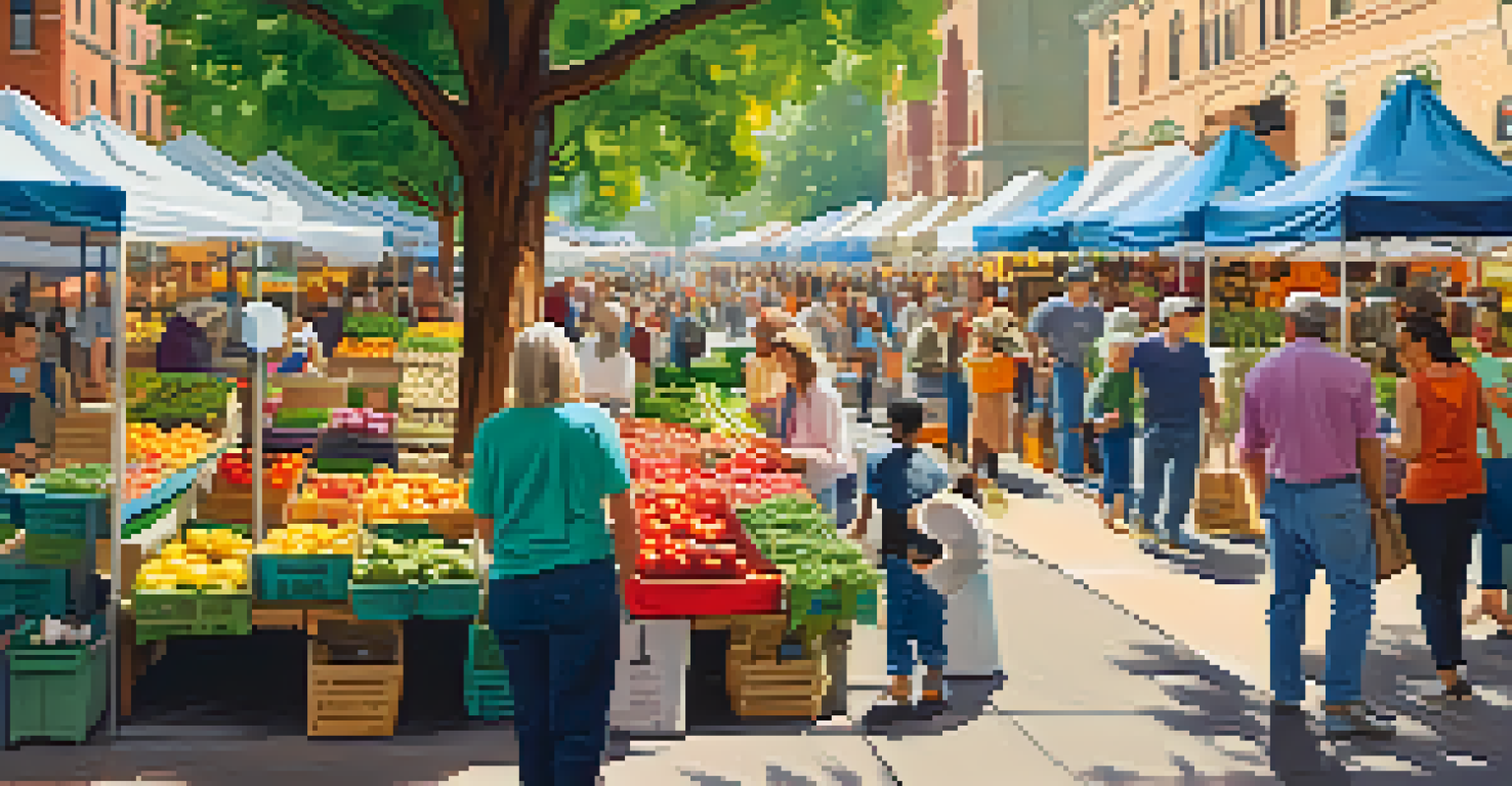 A lively farmers' market in an urban setting with colorful stalls, fresh produce, and diverse shoppers interacting, surrounded by trees and buildings.