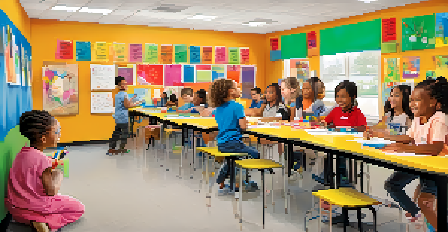 Students engaged in an arts and crafts activity in a school setting, with colorful supplies and cheerful expressions.
